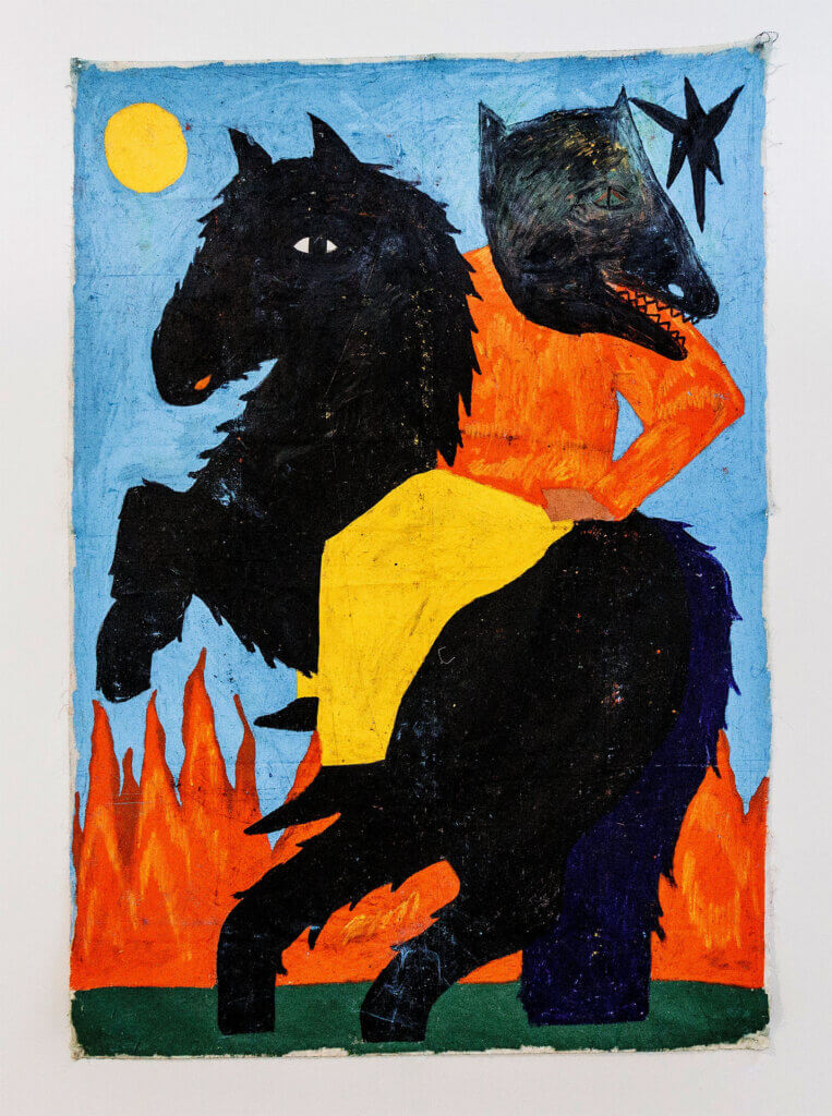 Symbolic painting of a rider wearing a wolf mask on a horse against a burning horizon, exploring themes of inner transformation and balance.