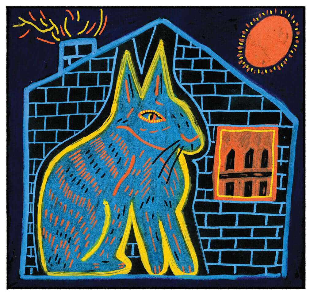A symbolic blue hare surrounded by a golden aura, created as an editorial illustration for VPRO about the mysterious relationship between humans and hares.