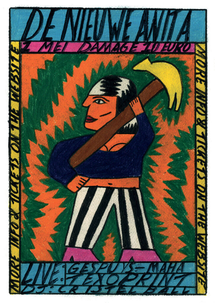 Woman holding a golden hammer, created as a coloured pencil poster illustration for a Labour Day punk concert at De Nieuwe Anita in Amsterdam.