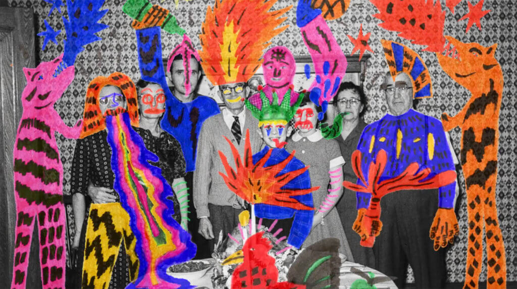 Hand-drawn illustration overlay created for a Stabilo advertising campaign by KesselsKramer, adding colour and imagination to black-and-white photography.