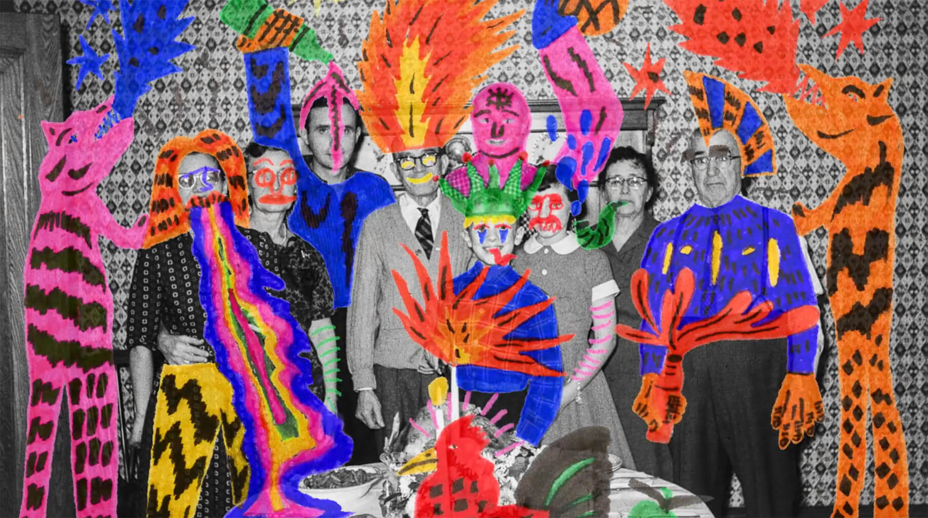 Hand-drawn illustration overlay created for a Stabilo advertising campaign by KesselsKramer, adding colour and imagination to black-and-white photography.