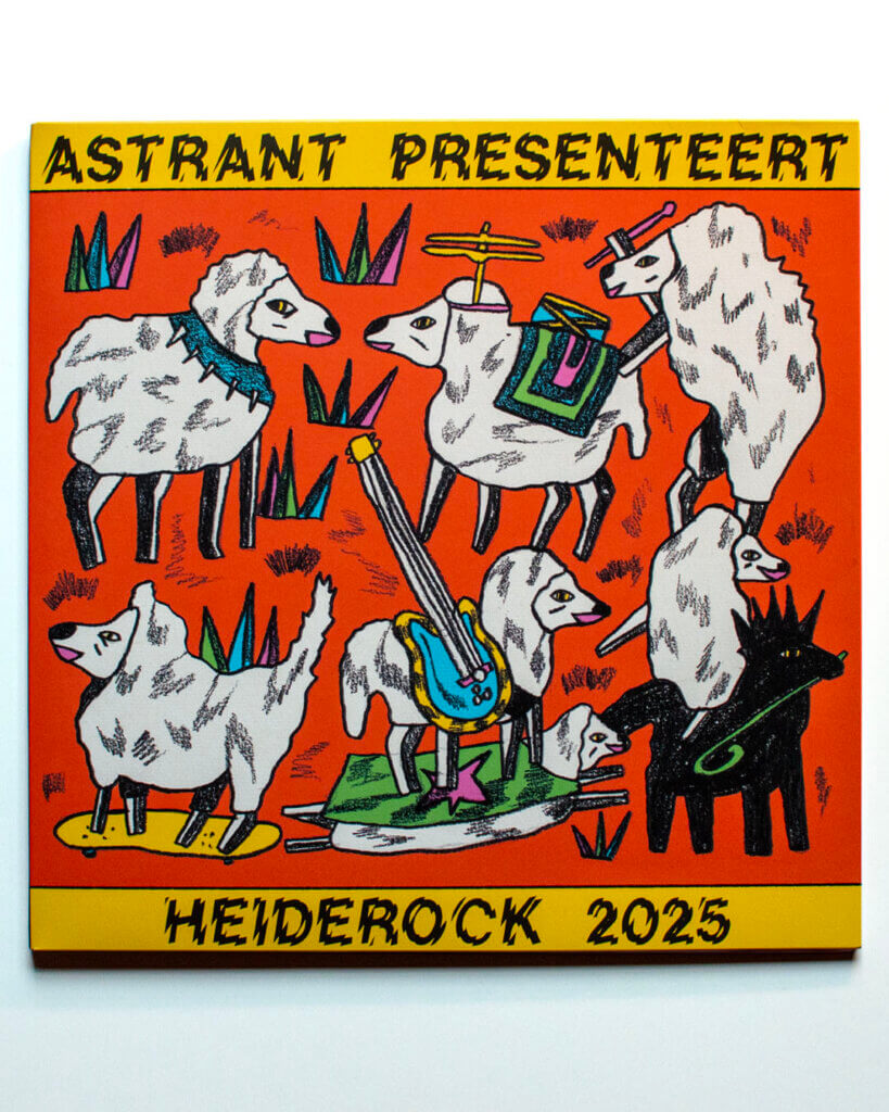 Illustrated LP cover for Heiderock 2025 featuring a flock of sheep led by a black sheep on the Ginkelse Heide.